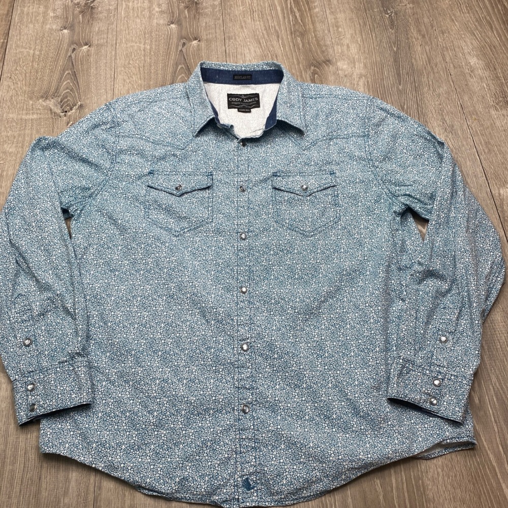 Cody James Western Pearl Snap Shirt Mens XL Blue Floral Long Sleeve Cotton